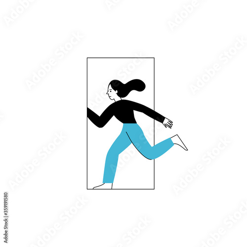 Vector illustration in line simple style with female character - loneliness and depression concept. Running and escaping, psychological problem.