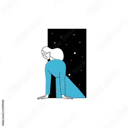 Vector illustration in line simple style with female character - loneliness and depression concept. Running and escaping, psychological problem.