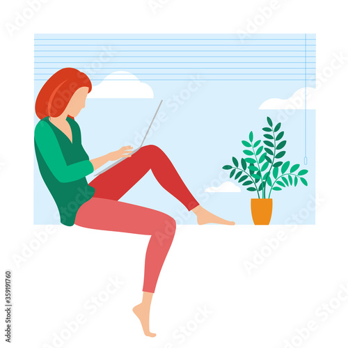 The best place for remote work. Young woman is working outsourced. lat design vector illustration, ready to animation vector concept for web site, presentation, mobile app.