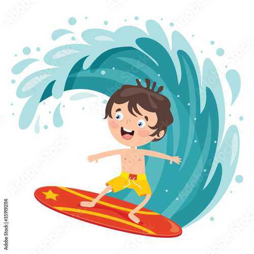 Happy Cartoon Character Surfing At Sea