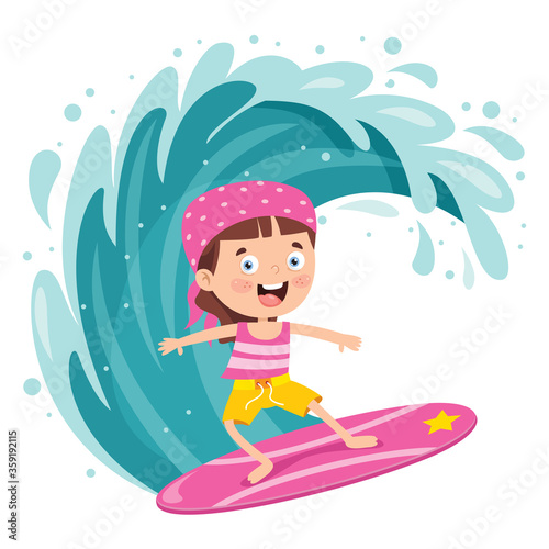 Happy Cartoon Character Surfing At Sea