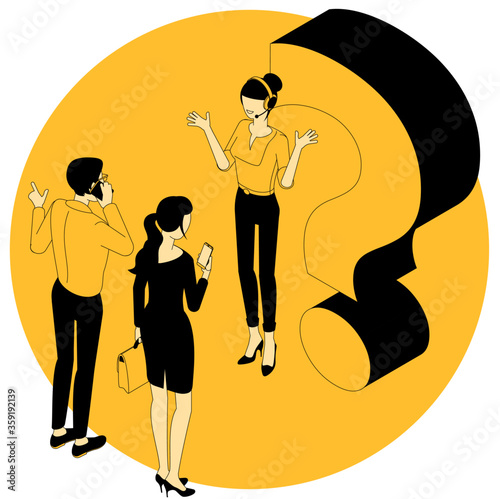 Question mark. Flat design isometric vector illustration of young man and woman with alert sign. Exclamation mark, answer for question, alert, warning and notification.