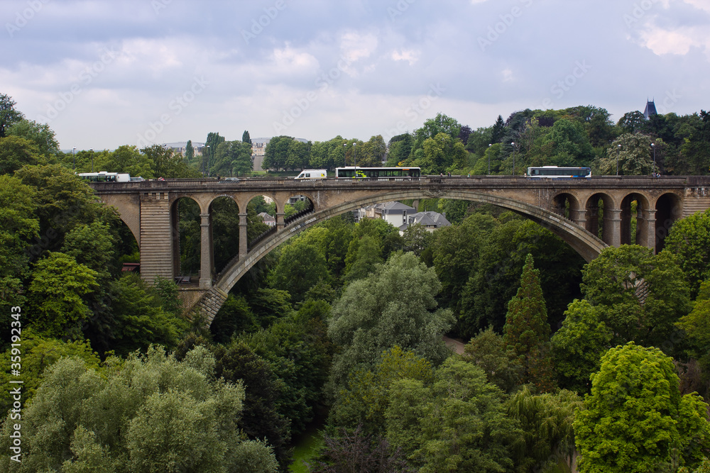 Bridge of Adolf (New Bridge) connects Upper and Lower Town of Luxembourg city, Luxembourg