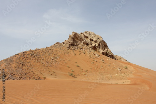 Hot and arid desert sand dunes terrain in Sharjah emirate in the United Arab Emirates. The oil-rich UAE receives less than 4 inches of rainfall a year and relies on water from desalination plants.