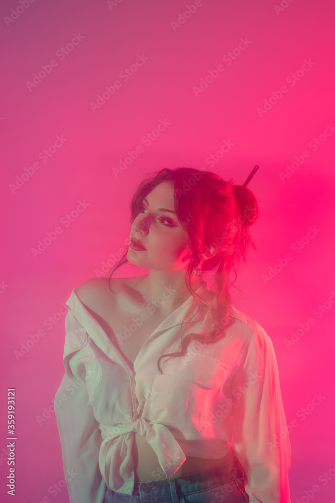 Double exposure portrait two young beautiful caucasian woman studio shot on colorful background - attitude, beauty, hairstyle concept Double exposure portrait two young beautiful caucasian woman studio shot on colorful background - attitude, beauty, hairstyle concept