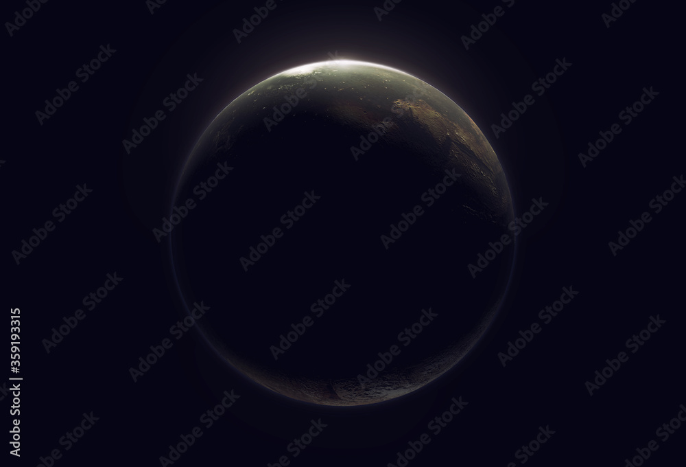 Sunrise under small planet, view from dark side, 3d render. Sunrise under small planet, view from dark side, 3d render.