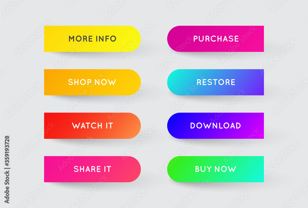Set of Vector Modern Gradient App or Game Buttons. Trendy gradient colors with shadows. Set of Vector Modern Gradient App or Game Buttons. Trendy gradient colors with shadows.