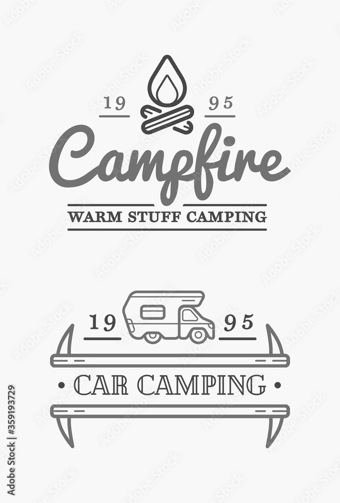 Set of camp logo with campfire and family trailer. Explore wilderness. Vector illustration.