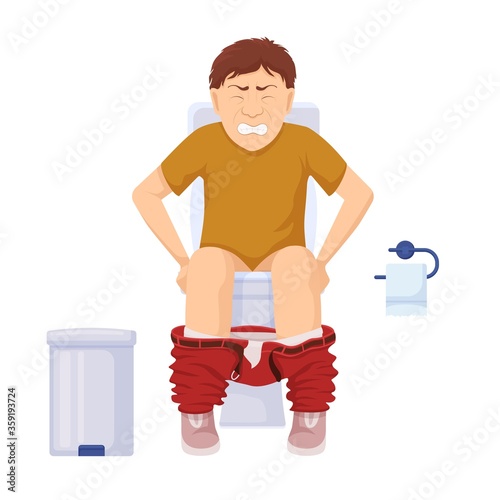 Character with constipation in toilet. Man stomach problems sits on toilet grimace pain exertion aggravated hemorrhoids severe vector diarrhea unhealthy cartoon food sedentary work