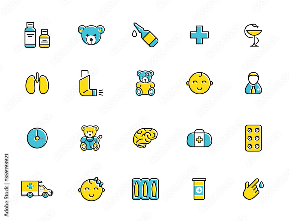 Fototapeta premium Outline colorful icons set. Pediatric hospital clinic and medical care. Editable stroke. Vector.