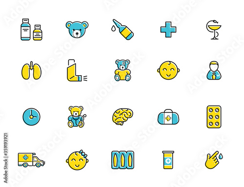 Outline colorful icons set. Pediatric hospital clinic and medical care. Editable stroke. Vector.
