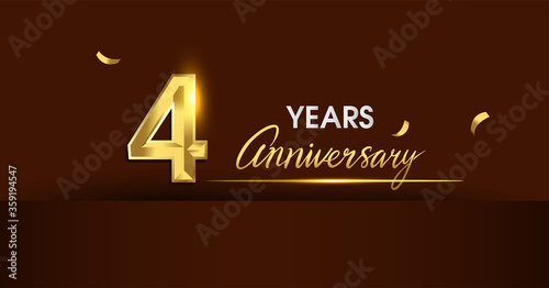 4th years anniversary celebration logotype. anniversary logo with golden color and gold confetti isolated on dark background, vector design for celebration, invitation card, and greeting card