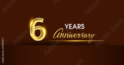 6th years anniversary celebration logotype. anniversary logo with golden color and gold confetti isolated on dark background, vector design for celebration, invitation card, and greeting card © Vectorideas
