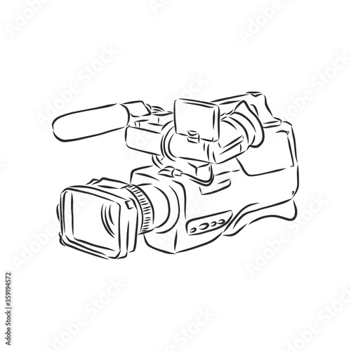 video camethe sketch of a portable video camera on a black backgroundra. video camera, vector sketch illustration