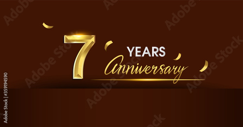 7th years anniversary celebration logotype. anniversary logo with golden color and gold confetti isolated on dark background, vector design for celebration, invitation card, and greeting card