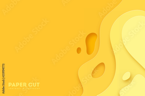 Yellow background with paper cut shapes. Vector illustration. 3D abstract carving art