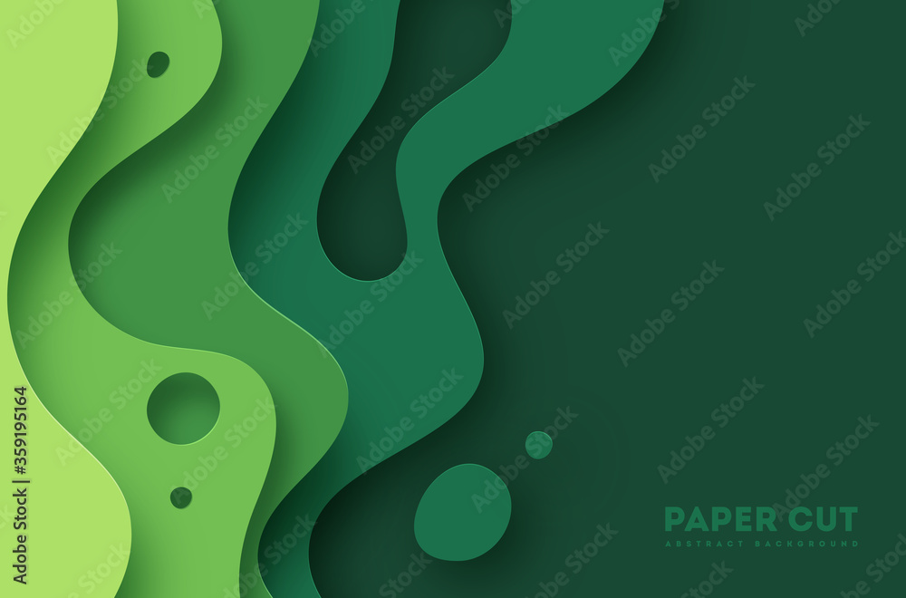 Green abstract paper carve background.Paper art style of nature concept design.Vector illustration