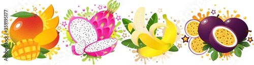 Set of 4 juicy tropical fruits: red mango, dragon fruit, banana, passion fruit. Vector bright exotics.