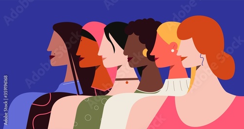 Female feminism illustration. Women all nationalities stand with their proud heads speaking out against patriarchy struggle for empowerment, international vector equality flat girls.