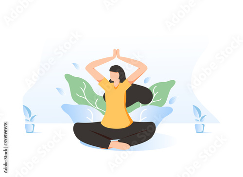 Woman meditating in nature and leaves. Concept illustration for yoga, meditation, relax, recreation, healthy lifestyle.