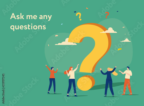 Small characters asking questions around a huge question mark. flat design style minimal vector illustration.
