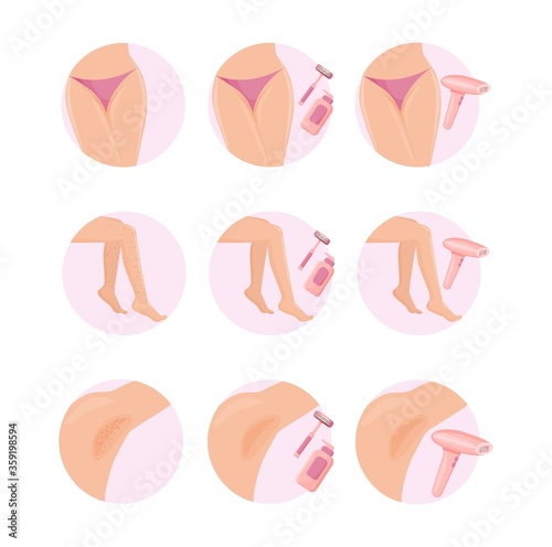 Epilation set. Depilation bikini area using safe green laser legs using special razor and cosmetic gel armpit area using gel waxing, smooth vector clean body without hair clipart