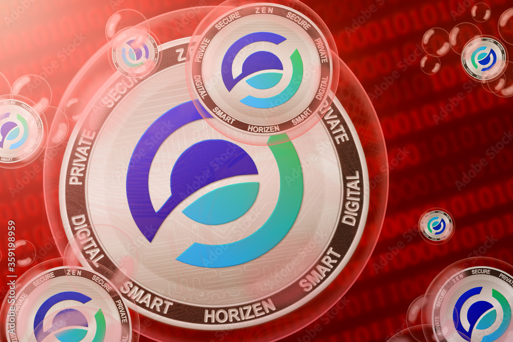 Horizen crash; Horizen (ZEN) coins in a bubbles on the binary code background. Close-up Horizen crash; Horizen (ZEN) coins in a bubbles on the binary code background. Close-up