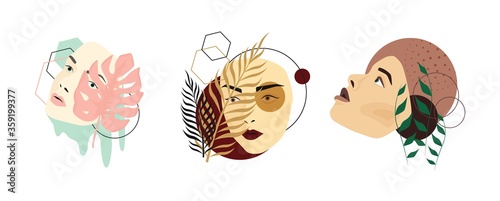 Female face in leaves collage set. Beautiful girls heads framed by colored leaves ferns palm trees fashionable abstract style contemporary art artistic vector minimalism.