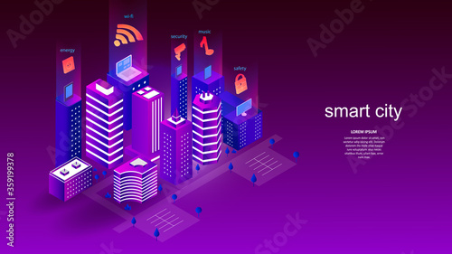 Vector illustration of a building with elements of a smart city. Science, futuristic, web, network concept, communications, high technology. EPS 10.