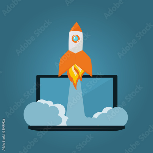 Vector illustration concept of Rocket launch from laptop