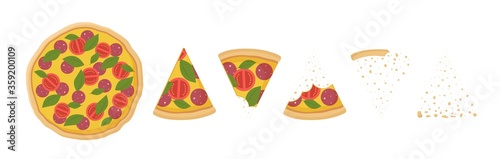 Step by process eating pizza Illustration. Juicy pepperoni with mozzarella eaten by piece crumbs fresh hot appetizer sausage meat tomatoes delicious Italian vector fast food clipart.