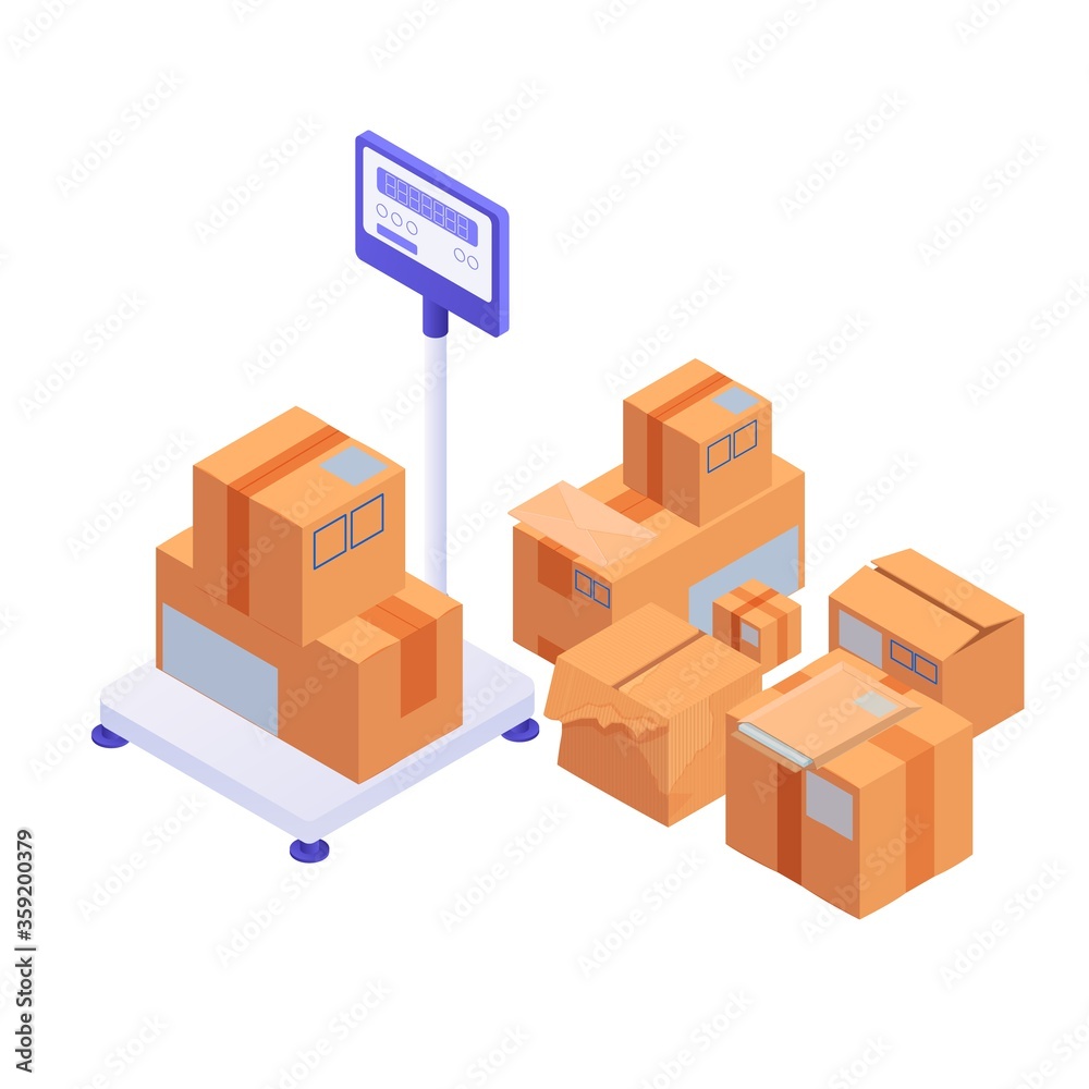 Boxes on scales loading isometric. Large and small yellow boxes cargo are weighed distributed in freight vehicles their destination sorted and issued vector customs declaration