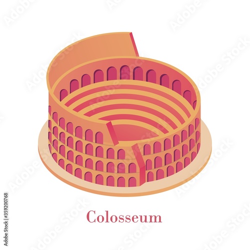Ancient Colosseum isometric. Famous Italian landmark antique huge orange collise arena gladiatorial fights red brick shows national historical vector monument antique isometric architecture Rome.