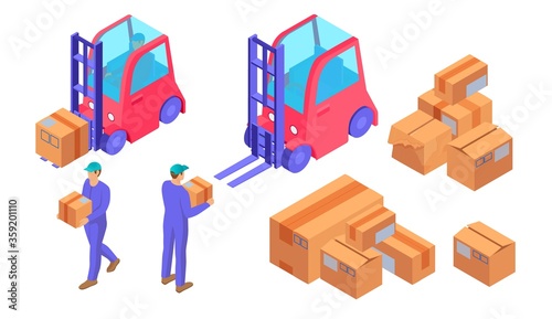 Delivery preparation process isometric. Warehouse workers blue uniform prepare boxes loading courier heavy loads transported forklift truck logistics distribution vector orders sending online orders