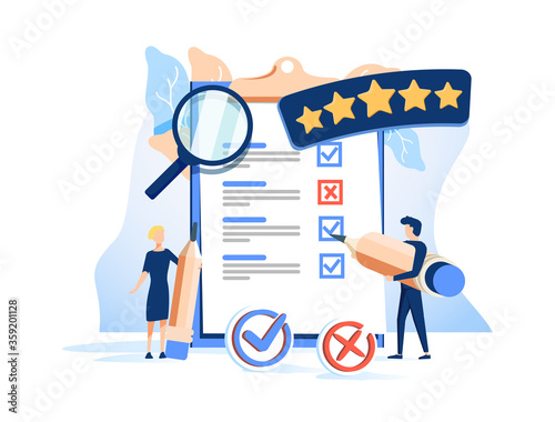 People Characters Filling Test in Customer Survey Form. Woman and Man putting Check Mark on Checklist. Customers