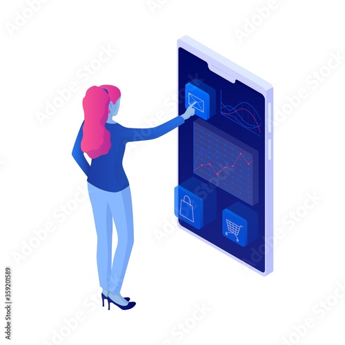 Girl uses smartphone read social networks isometric illustration. Stylish woman monitors latest news about fashion products convenient web application infographics vector reviews purchases.