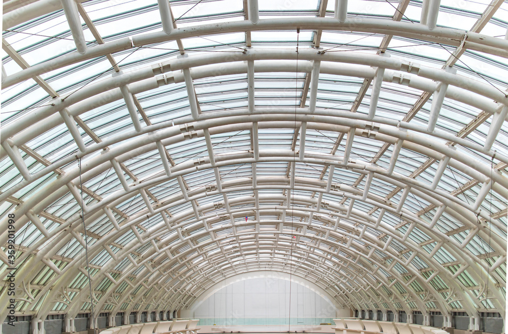 Steel frame structure. transparent roof structure made of metal. modern building roof