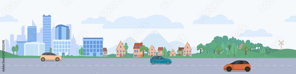 City horizontal road seamless. District highway with rare cars background of urban skyscrapers residential private houses near green park grove beautiful cartoon outline transport direction vector.