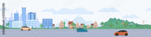 City horizontal road seamless. District highway with rare cars background of urban skyscrapers residential private houses near green park grove beautiful cartoon outline transport direction vector.