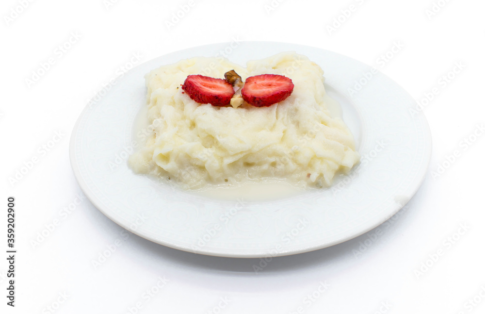 Traditional Ramadan Dessert Gullac. Turkey and made the month of Ramadan, light sweet milk. on white background Traditional Ramadan Dessert Gullac. Turkey and made the month of Ramadan, light sweet milk. on white background