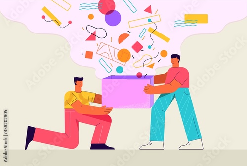 Receiving prize abstract illustration. Male character winner receives from sponsor winning box with geometric trophies happy deserved flat success unexpected birthday present vector birthday.