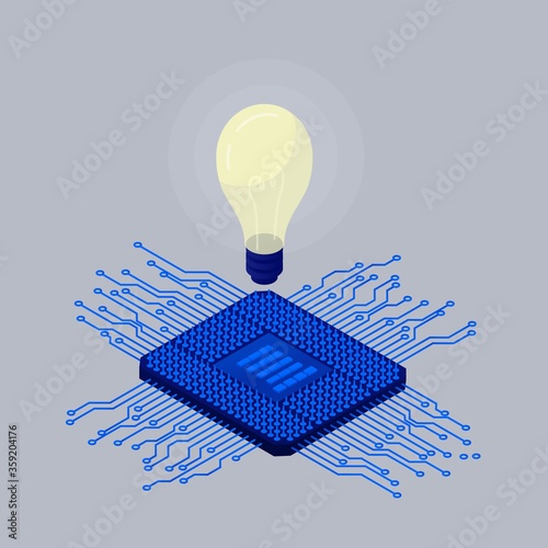 Idea of amplifying computer processor. Modern blue digital chip with burning light above it smart system for calculating updating Internet data possible vector microprocessor.