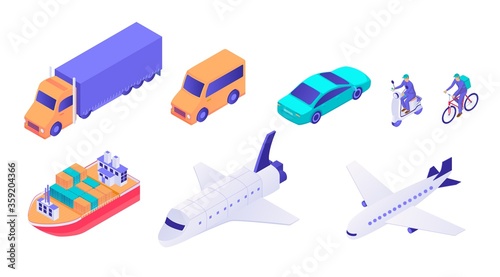 Logistic transport isometric set. Modern cargo tanker with containers, high speed white plane heavy truck refrigerator mobile delivery car courier on scooter bicycle global transport vector service.