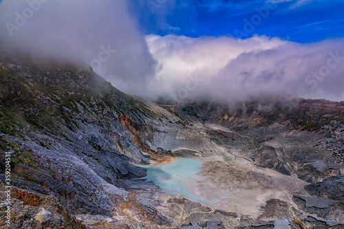 Amazing shot of the volcanic crater from Tangkuban Perahu in Bandung.Soft focus effect due to large aperture technique