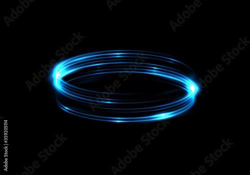 Blue shining rings. Abstract long exposure glowing rings. Bright traces of luminous particles swirling in fast motion. Slow shutter speed effect. Transparent light vector illustration