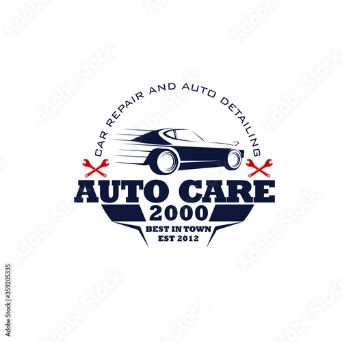 Auto car repair vector illustration logo with car silhouette and wrench isolated on white background fit for car garage logo