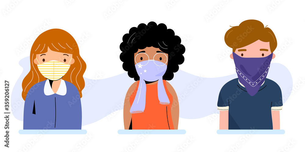 People wearing cloth face covering or washable fabric face mask to help slow spread of Covid19 or Coronavirus. Diverse young adults using handkerchief and scarf protect from virus. Vector illustration