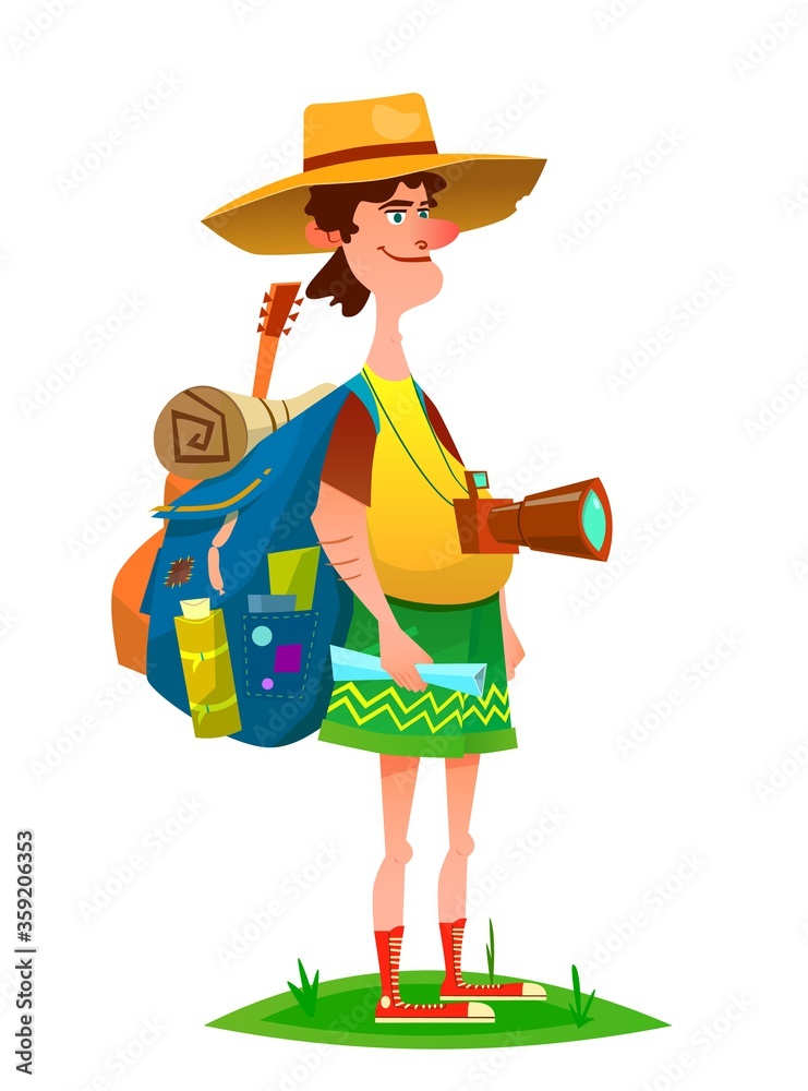 Man Traveler with photo camera and backpack hiking. Adventure travel. Summer vacation. Cartoon style illustration.