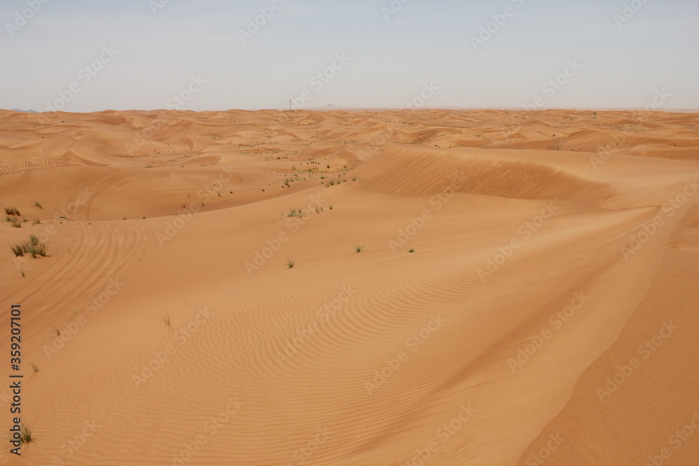Hot and arid desert sand dunes terrain in Sharjah emirate in the United Arab Emirates. The oil-rich UAE receives less than 4 inches of rainfall a year and relies on water from desalination plants.