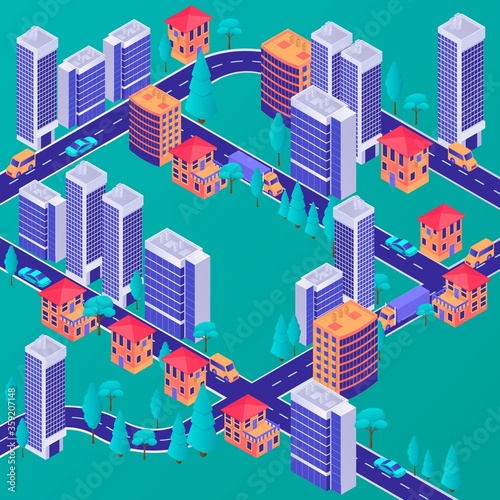 Isometric modern city concept. Stylish business centers with residential apartment building green park area highway along skyscrapers industrial architecture design secure vector lifestyle.